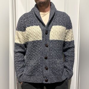 Barque Sz XL Blue Cream Cable Knit shawl neck button retro cardigan Sweater